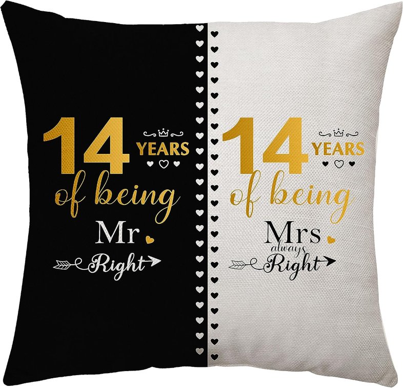 Mr. Right Mrs. Always Right 14 Years of Marriage Gift for Couples - Wedding Anniversary Throw Pillow Cover for Husband Wife Aunt Uncle (14th)