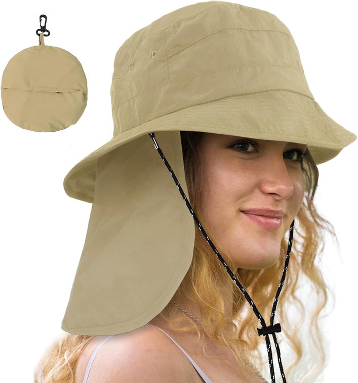 Waterproof Sun Rain Hat for Women Wide Brim UPF50+ UV Protection Packable Men Bucket Safari Fishing Hat with Neck Flap Khaki