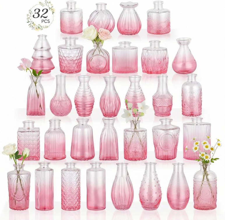 Glass Bud Vases Mini Flower Vase Small Vintage Vases for Centerpiece Table Wedding Decorations Home Decor Party(Gradient Pink 32pack)