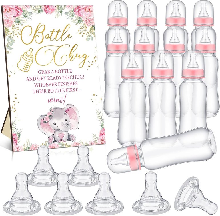 Trelaco 12 Pcs Pink Baby Shower Games Elephant Bottle Chug Wooden Sign Set