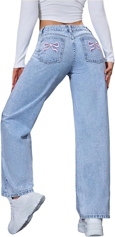 Size Petite Small DARKER IN PERSON Women's Petite Bow Embroidered Cute Jeans Y2k Straight Leg Denim Pants