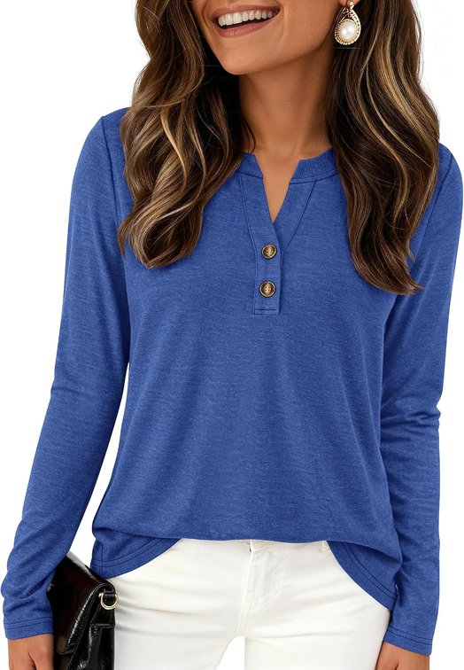 Size XXL Long Sleeve Shirts for Women 2026 Spring Fashion Clothing Henley Tops Trendy Dressy Casual Blouses Work Outfits (Blue,XX-Large)
