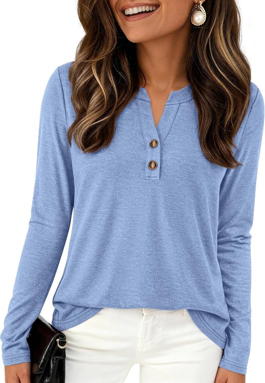 Size Large Long Sleeve Shirts for Women 2026 Spring Fashion Clothing Henley Tops Trendy Dressy Casual Blouses Work Outfits (Light Blue,Large)