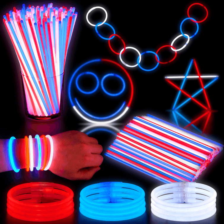 Set of 4 - 72 Pcs 4th of July Glow Sticks with connectors, Red White Blue