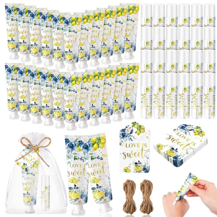 24 Sets Blue Floral Lemon Hand Cream and Lip Balm Gift, Love Is Sweet Bridal Shower Favors for Guest Travel Size Hand Lotion and Lip Balm Bulk Lemon Bridal Shower Birthday Party Supplies