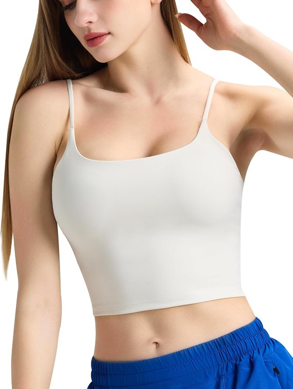 BROWN NOT WHITE Size Medium Tank Tops for Women Adjustable Spaghetti Strap Padded Longline Sports Bra Scoop Neck Workout Crop Top