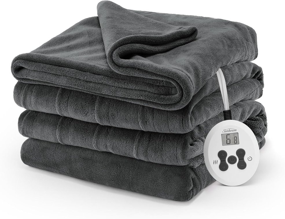 Sunbeam Electric Royal Luxe Microplush Heated Blanket, 12 Heat Settings, 12-Hour Selectable Auto Shut-Off, Fast Heating, Warm and Cozy, Night Fog Color, King, 90" x 100"