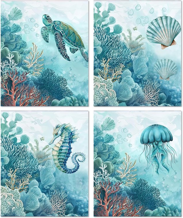 JWVK Ocean Beach Diamond Art Kits 4 Pack, Coastal Ocean Marine Seashell Seahorse Jellyfish Sea Turtle DIY Diamond Gem Painting Art Kits for Kids Adults Beginners, Beach House Room Decor 10x11.8 Inch