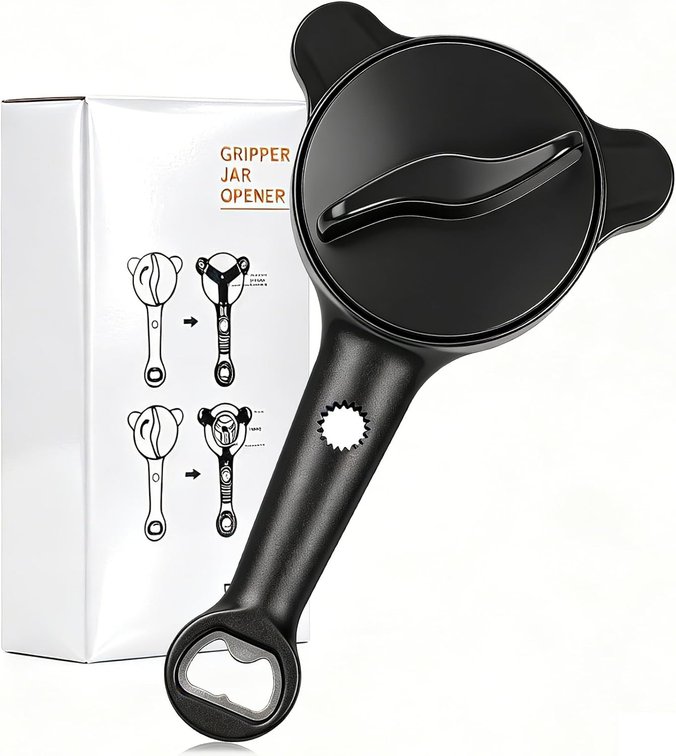 Jar Openers for Seniors, 4-in-1 Can Opener for Weak Hands & Seniors   Ergonomic Non-Slip Handle, Fits 1-3.5 Inch Kitchen Mason Jars, Bottles & Cans (Black)