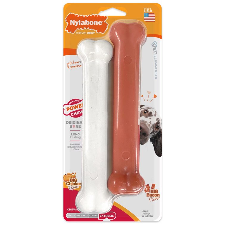 Nylabone Power Chew Original Bone Dog Toy, Dog Chew Toy, Chicken & Bacon Flavor, Large, 2 Pack