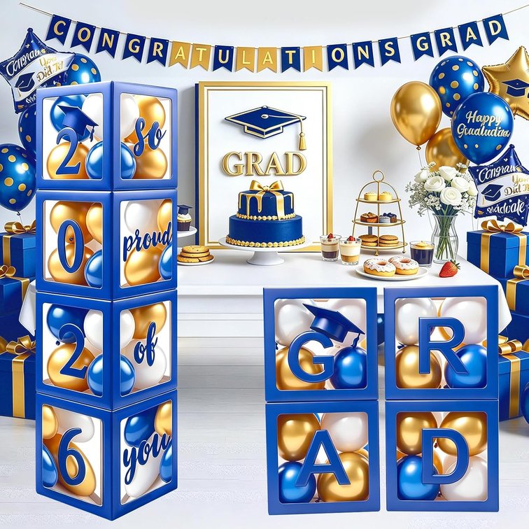 2026 Graduation Party Decoration Black Balloon Boxes with Letters 2026 Grad & So Proud of You and 20 pcs Ballons