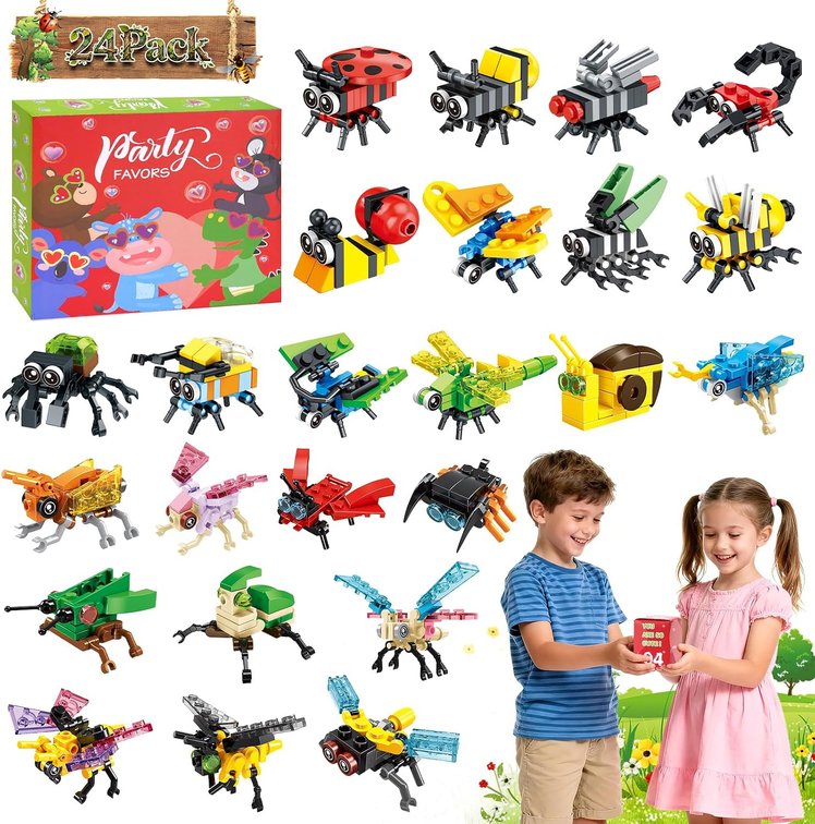 24 Packs Party Favors for Kids, Insect Mini Animals Toy Building Block Set for Easter Valentines Day Classroom Prizes Goodie Bag Stuffers Birthday Gifts for Boys Girls Ages 6-12+