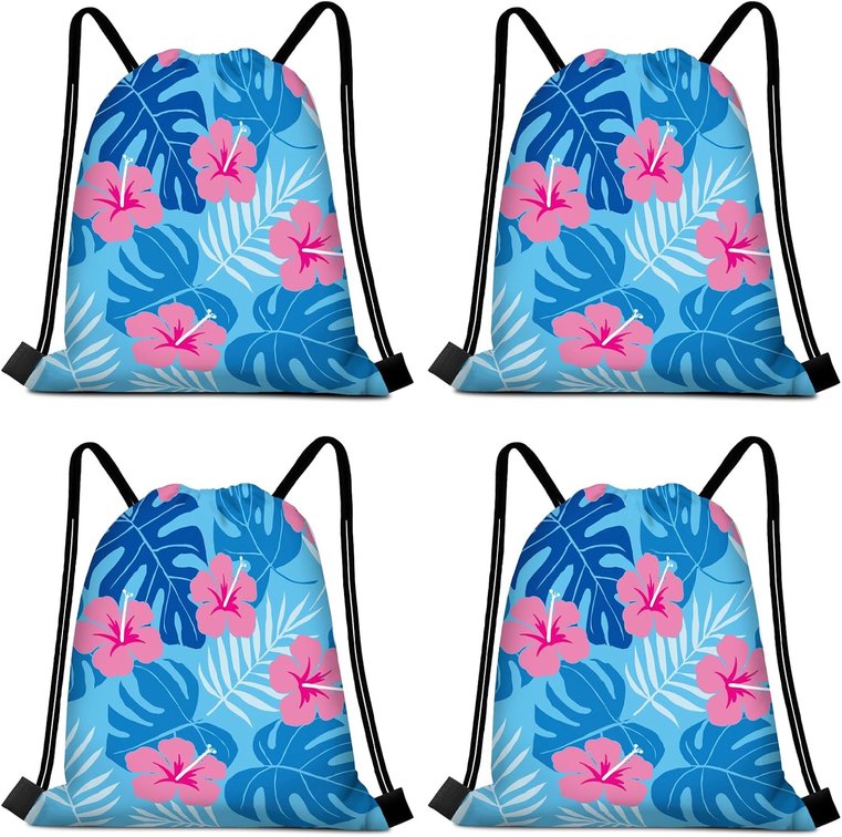 Selivaia 16 PCS Blue Pink Hibiscus Party Gift Bags Hawaiian Themed Drawstring String Bag Backpack Summer Tropical Gift for Hawaiian Birthday Baby Shower Supplies