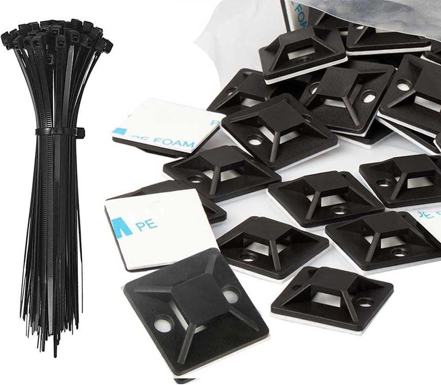 Set of 4 Zip Tie Mounts and Zip Ties - Small Cable Tie Adhesive Mount, 3/4in black 100 Sets. Wires Zip Tie Adhesive-backed anchors for Pedal Board Cable Management Outdoor Indoor