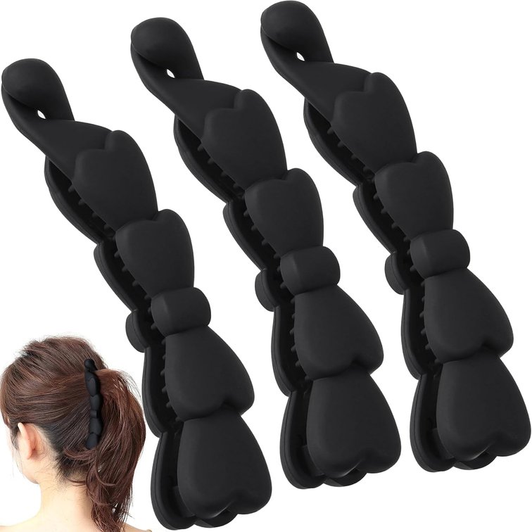 3PCS Banana Hair Clips, Large Strong Hair Claw Clip with Double Combs, Bowtie Style Non-slip Hair Accessories for Women Straight Curly Long Hair - Black