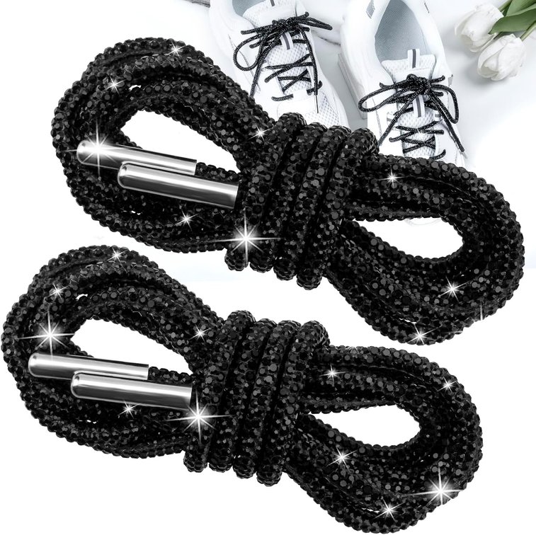 2pcs Rhinestone Glitter Shoelaces, Shiny Bling Round Hoodie Drawstrings, Crystal Rope Shoelaces for Women Sneakers