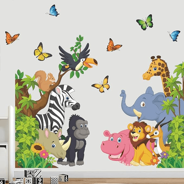 Cartoon Animal Wall Decal Jungle Animals Wall Stickers Elephant Lion Zebra Butterfly Wall Decor for Kids Baby DIY Vinyl Mural Art for Nursery Bedroom Living Room Playroom