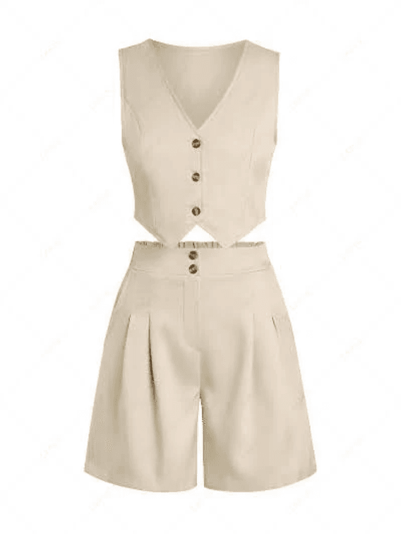 Size XL ZAFUL 2 Piece Sets for Women Fashion Sleeveless Button Down Vest Shorts Sets Summer Business Casual Outfits Beige XL