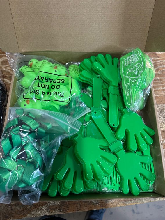 84 Pcs / 12 Sets Green Team Spirit Reward Box Handout Kit Team Spirit Week Items Accessories Include Cheer Duck Foam Finger Hand Clapper Sunglasses for Sporting Events Cheering Essentials Gifts