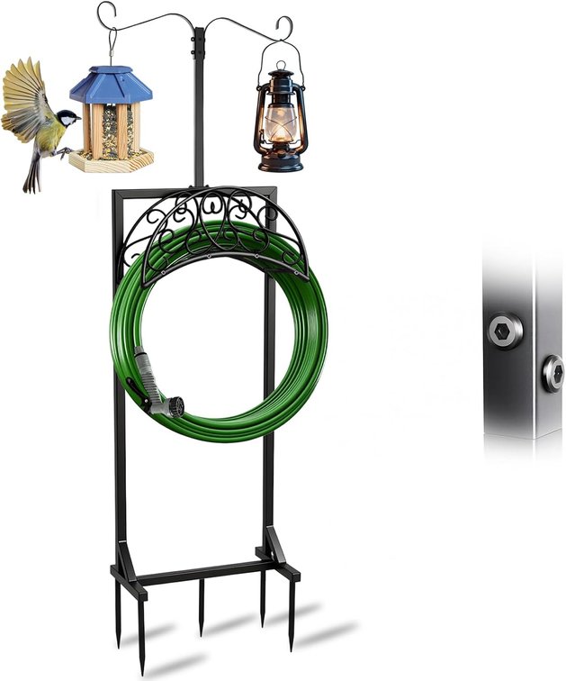 5-Spike Garden Hose Holder Freestanding with 2 Shepherds Hooks