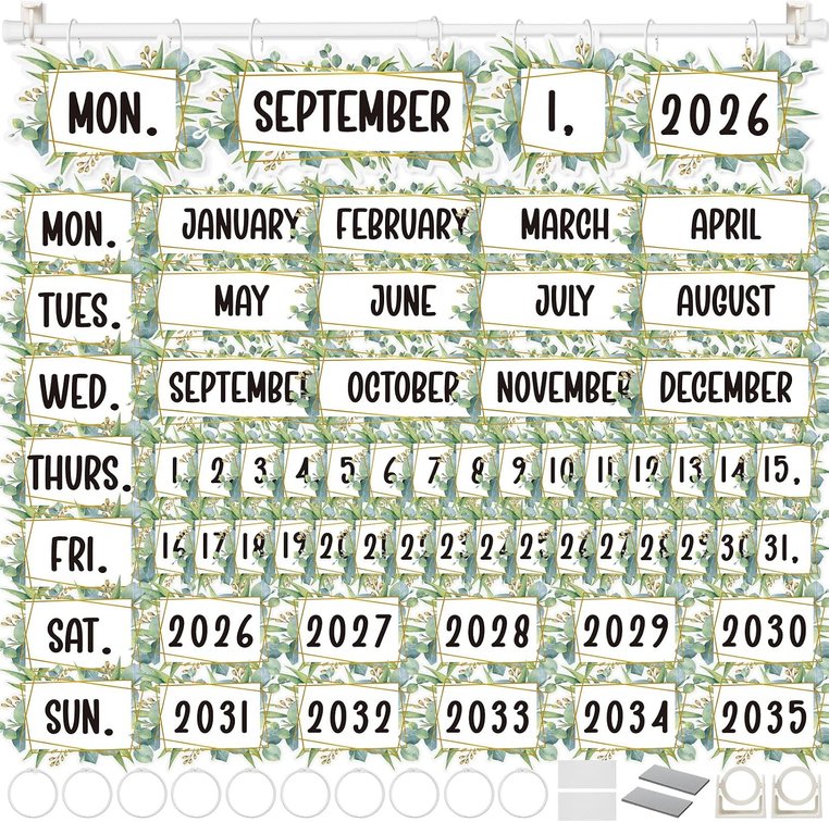 Magnetic Flip Calendar with Adjustable Holder Classroom Decor Bulletin Board Set with 2026 to 2035 Years 60 Date Cards for Classroom Back to School Home Decor Supplies(Eucalyptus)