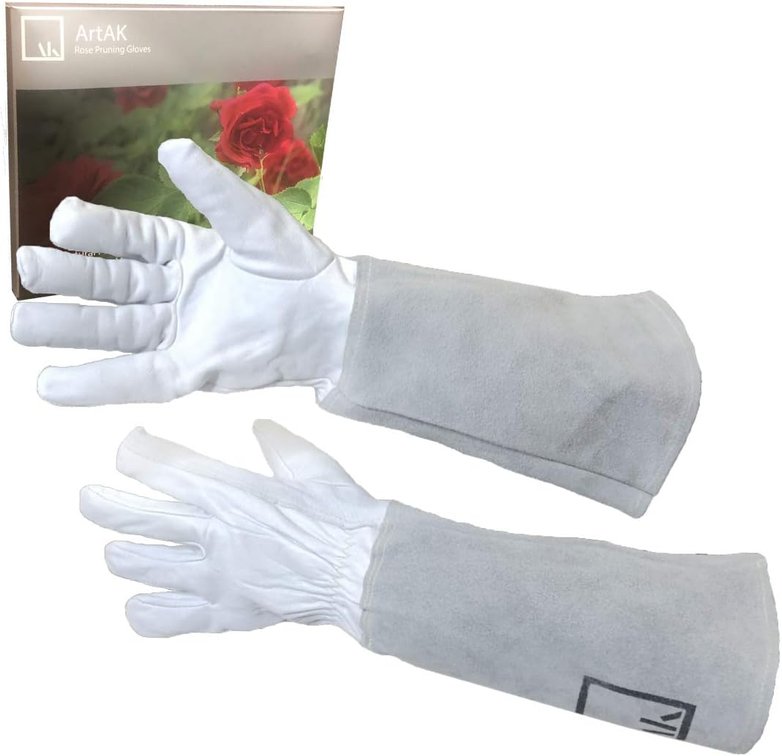 ArtAK Rose Pruning Gloves - Long Leather Gauntlet Gardening Gloves for Women, Cut Proof and Thorn Proof for Rose Gardening - White M