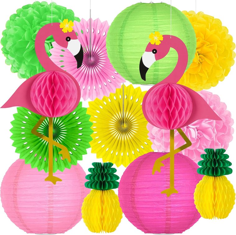 13PCS Hawaiian Party Decorations, Luau Party Decorations, Flamingo and Pineapple Honeycomb Paper Flowers Fans and Ball Lanterns for Summer Tropical Beach Party Decorations Supplies Favors