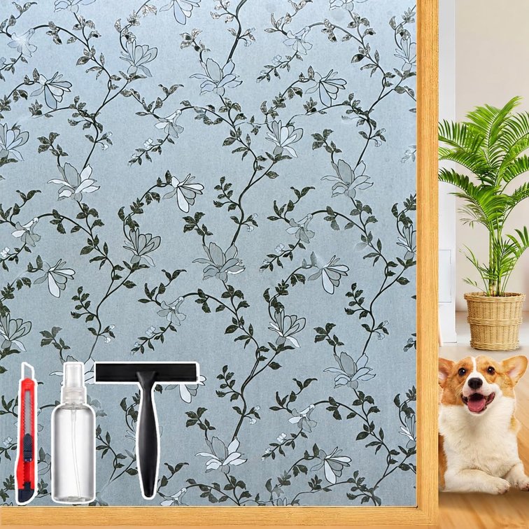 SET OF 2 Frosted Glass Window Film with Elegant Flower Design, Bathroom Window Privacy Film for Glass Windows Cover, Static Cling, Removable, Reusable, Anti-UV, Anti-Glare, 17.5 Inch * 78.74 Inch