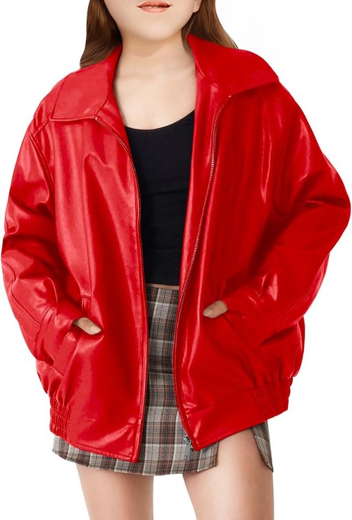 Youth Large/XL Girls Oversized Faux Leather Jackets Kids Zip Up Fall Winter Motorcycle Biker Coats Outerwear