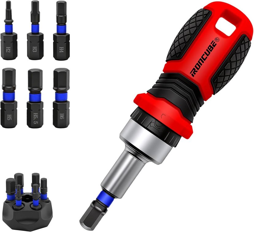 6-Bit Magnetic Metric Hex Ratcheting Screwdriver Set, H2 H3 H4 H5 H5.5 H6 S2 Steel Bits, In-Handle Storage, Compact Multi-Bit Driver for Furniture Bicycle Repair