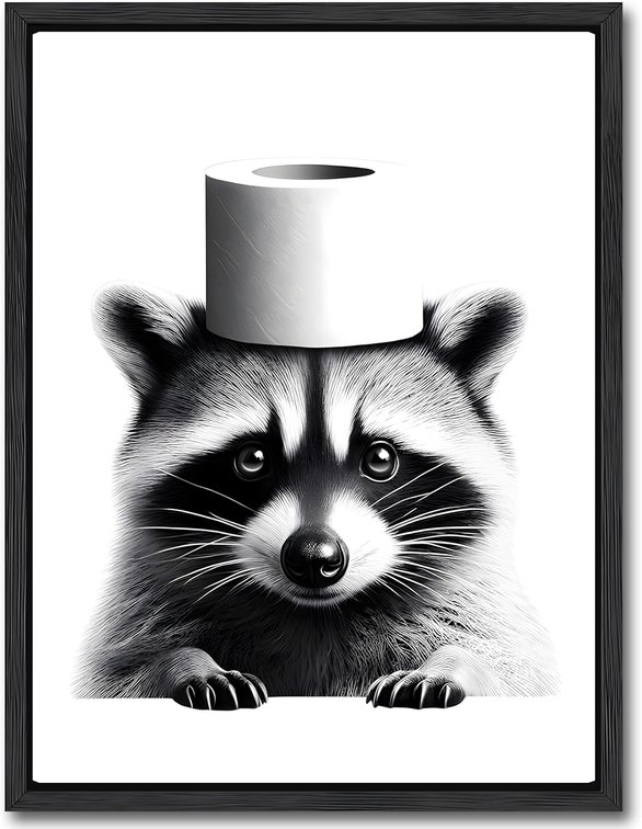 Floating Framed Raccoon Canvas Wall Art - Funny Black and White Animal Bathroom Wall Decor, Humor Animals Picture Paintings Poster Prints for Restroom Toilet Signs Decoration 8x10 inch