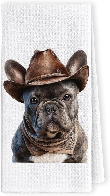 Funny Western French Bulldog Kitchen Towels - French Bulldog Gifts for Women Hand Towel for Bathroom, Frenchie Mom Gifts, Rustic Western Cowboy Dog Hand Tea Towel for Bathroom Kitchen, 16x24inch