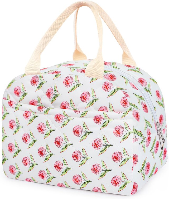 Cotton Quilted Insulated Lunch Bag, Reusable Quilted Floral Lunch Tote Bags