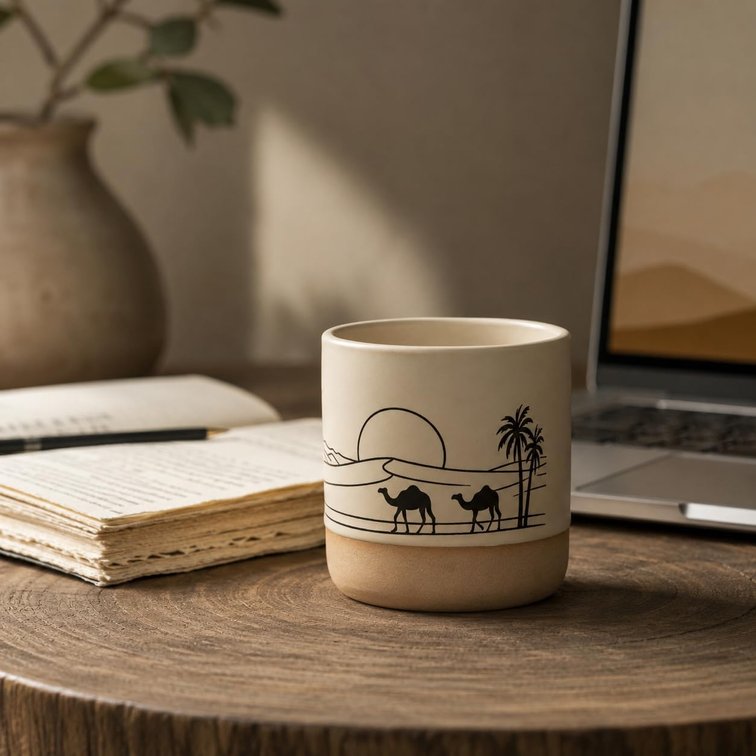 Ceramic Coffee Mug Set with DIY Canvas, 5.75oz Desert Sunset Camel Pottery Cup, Two Tone Unglazed Bottom Stoneware Mugs, Boho Wabi Sabi Decor Aesthetic Coffee Gifts, Microwave Safe Style D