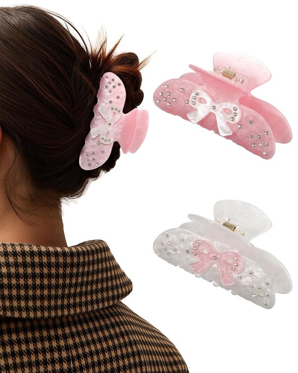 2 PCS Acrylic Hair Claw Clips for Women Bow Strong Hold Claw Clips Medium Non-slip Cute Hair Clips for Thick Thin Hair White + Pink