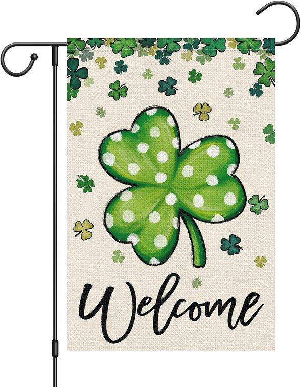 St Patricks Day Shamrock Garden Flag 12 18 Inch Double Sided, Small Burlap Lucky Clover Welcome Holiday Outside Yard Flag