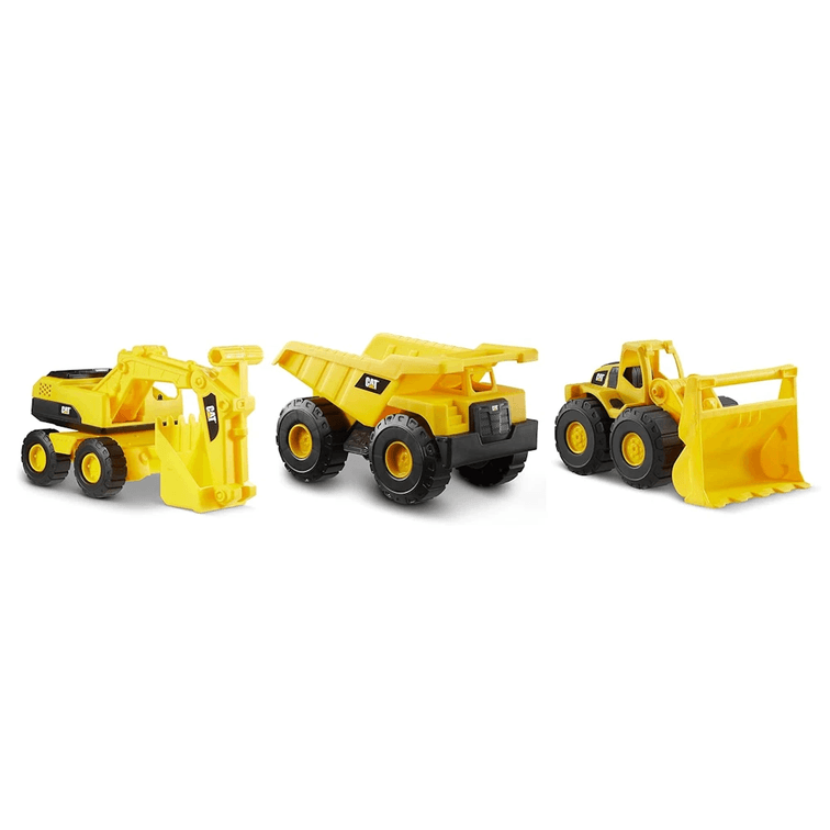 CAT Construction Toys, Mini Crew 3-Pack 7”, Push-Powered Yellow Construction