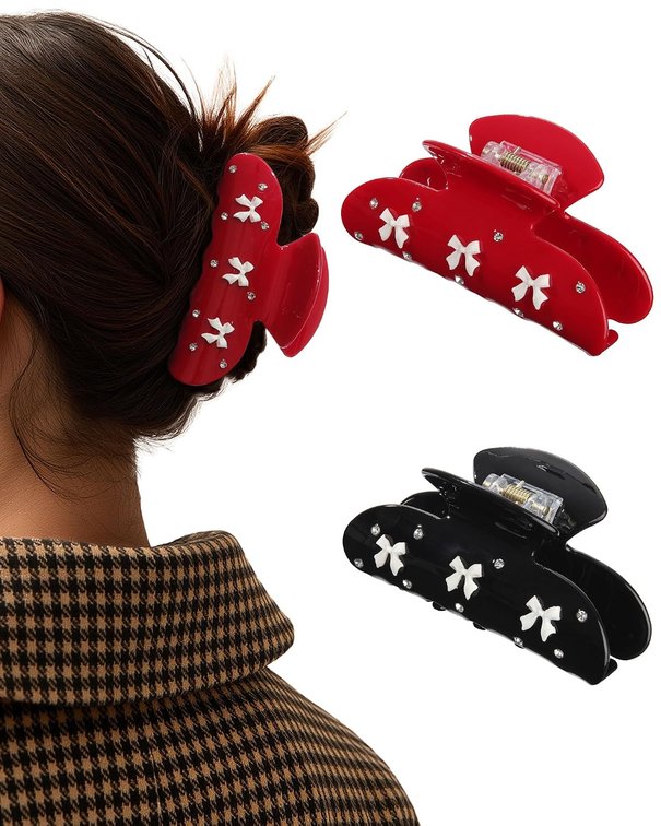 2 PCS Acrylic Hair Claw Clips for Women Bow Strong Hold Claw Clips Medium Non-slip Cute Hair Clips for Thick Thin Hair Black+Red