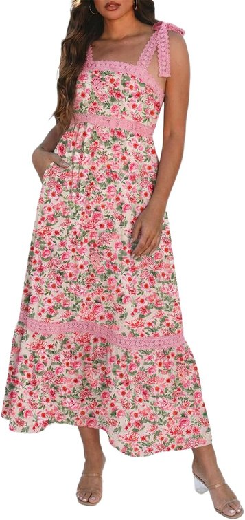 size xl - Womens Maxi Dress Spring Summer Sleeveless Lace Strap Empire Waist A Line Side Pockets Beach Casual Long Dresses