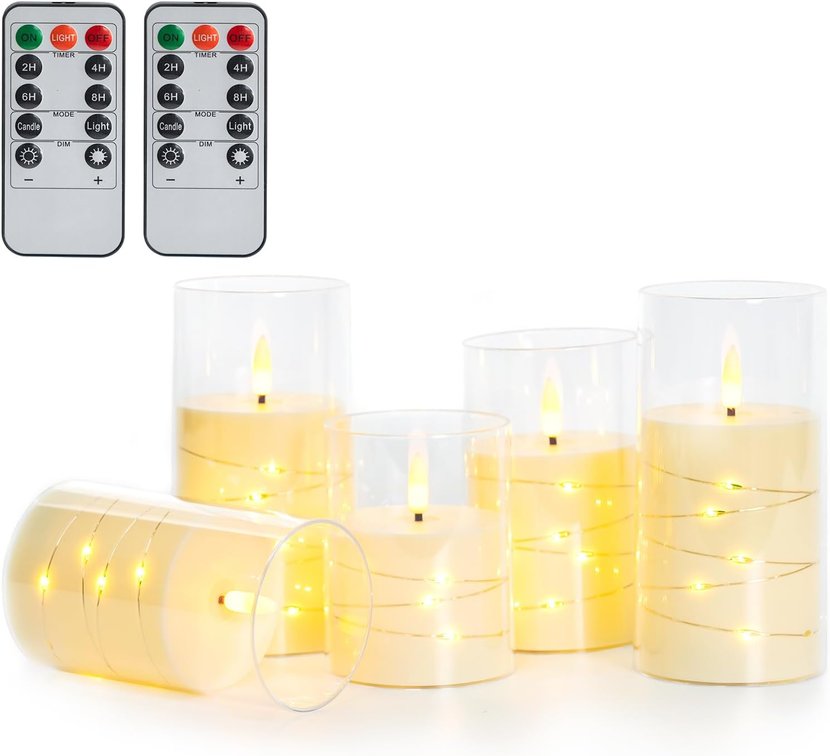 Flameless LED Candles, Flickering Candles with Remote Control & Timer Embedded Fairy String, Battery Operated Pillar Candles, 5pc for Valentine's Day,Holiday,Home Decor,Wedding
