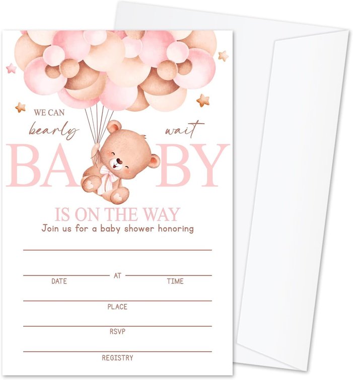 We Can Bearly Wait Baby Shower Invitations for Girls, Bear Balloon Invite Cards for Baby Announcement, 25 Set of Fill-in Baby Shower Invites with Envelopes, Gender Reveal Party Supplies -B07