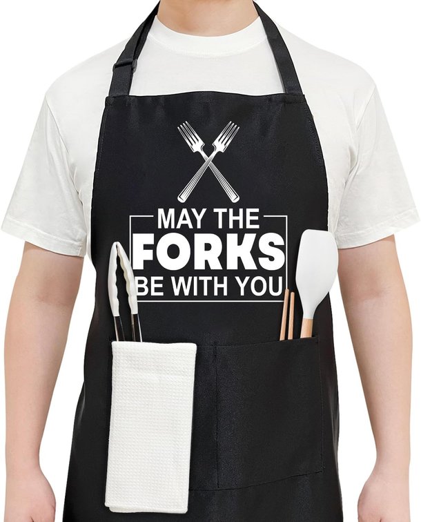 Black Funny BBQ Chefs Aprons for Men Husband Dad PaPa Father's Day Birthday Valentine's Day Anniversary Grilling Gifts for Men Adjustable Apron with 2 Pockets May the Forks be with You - FS757