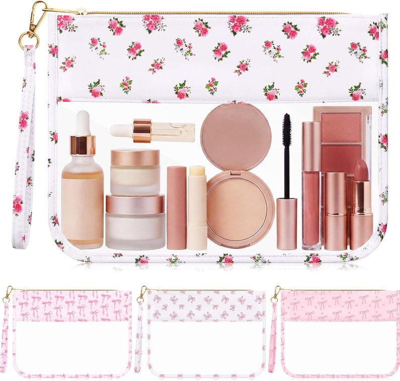 Kacctyen Pink Floral Clear Makeup Bag with Handle for Women Teen Girl Teacher Graduation Bridesmaid Mom Gifts, Preppy Coquette Zipper Cosmetic Bag Transparent Travel Organizer Portable Toiletry Pouch