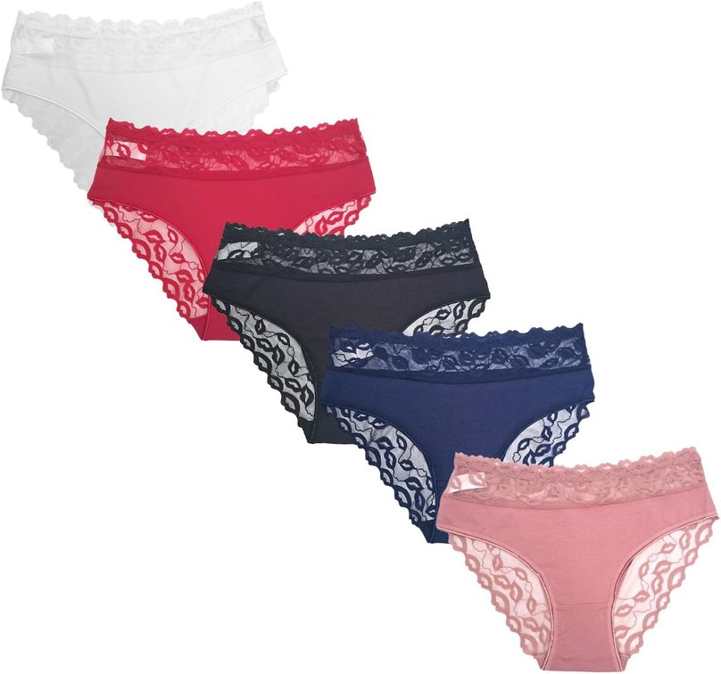 Size XL Women's Lace Bikini Panties, Sexy Lace Trim, Breathable Cotton Underwear, Multicolor, 5 Pack