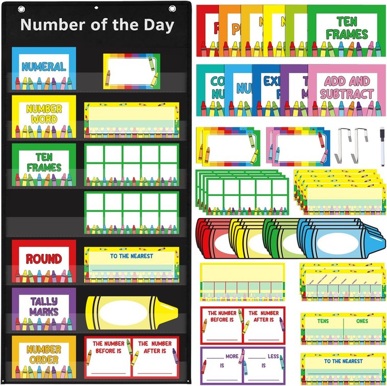 Gersoniel Math Number of The Day Pocket Chart Colorful Crayon Math Classroom Pocket Chart with 66 Dry Erase Cards Dry Erase Pen Educational Learn Poster for Home School Classroom Teaching Decor