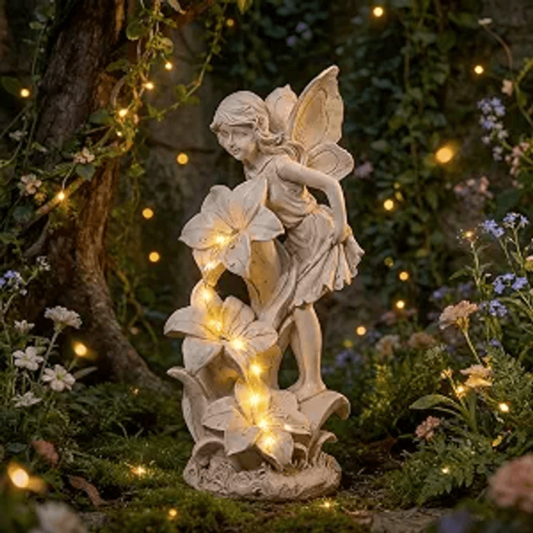 Angel Garden Statue, Resin Fairy Figurine with Glowing Flower Outdoor Decor