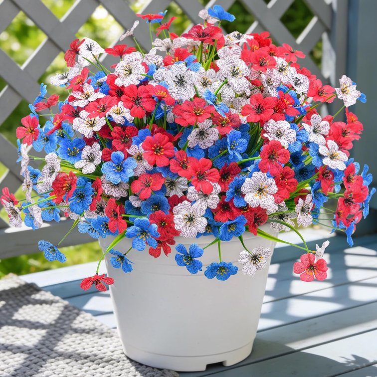 16 Pcs Artificial Fake Flowers for Outdoor Spring Decoration, Faux Flowers No Fade UV Resistant Silk Flower Plants for Outside Garden Yard Porch Patio Balcony Indoor Decor(Blue White Red)
