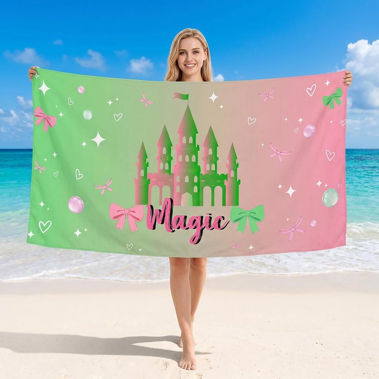 1 Pcs Pastel Magic Castle Beach Towel Pink Green Beach Towel Pastel Fairy Tale Castle Gift Microfiber for Witch Theme Birthday Gift, Wedding, Pool, Travel, Outdoor Swimming