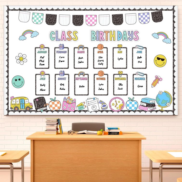 Classroom Birthday Bulletin Board Set Composition Notebook Classroom Decor, Checkered Notebook Paper Happy Face Apple Rainbow Cutouts for Birthday Poster Chart Back to School Wall Chalkboard Supplies