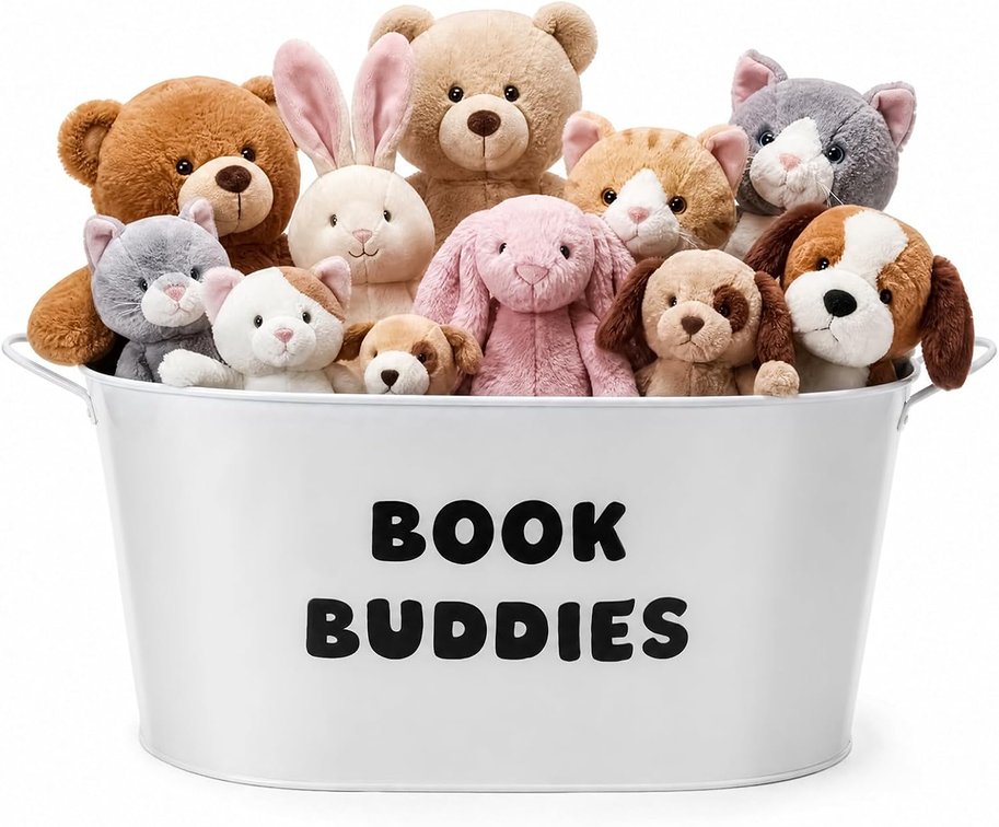 Blulu White Book Lover Metal Bucket, Book Buddies Storage for Classroom